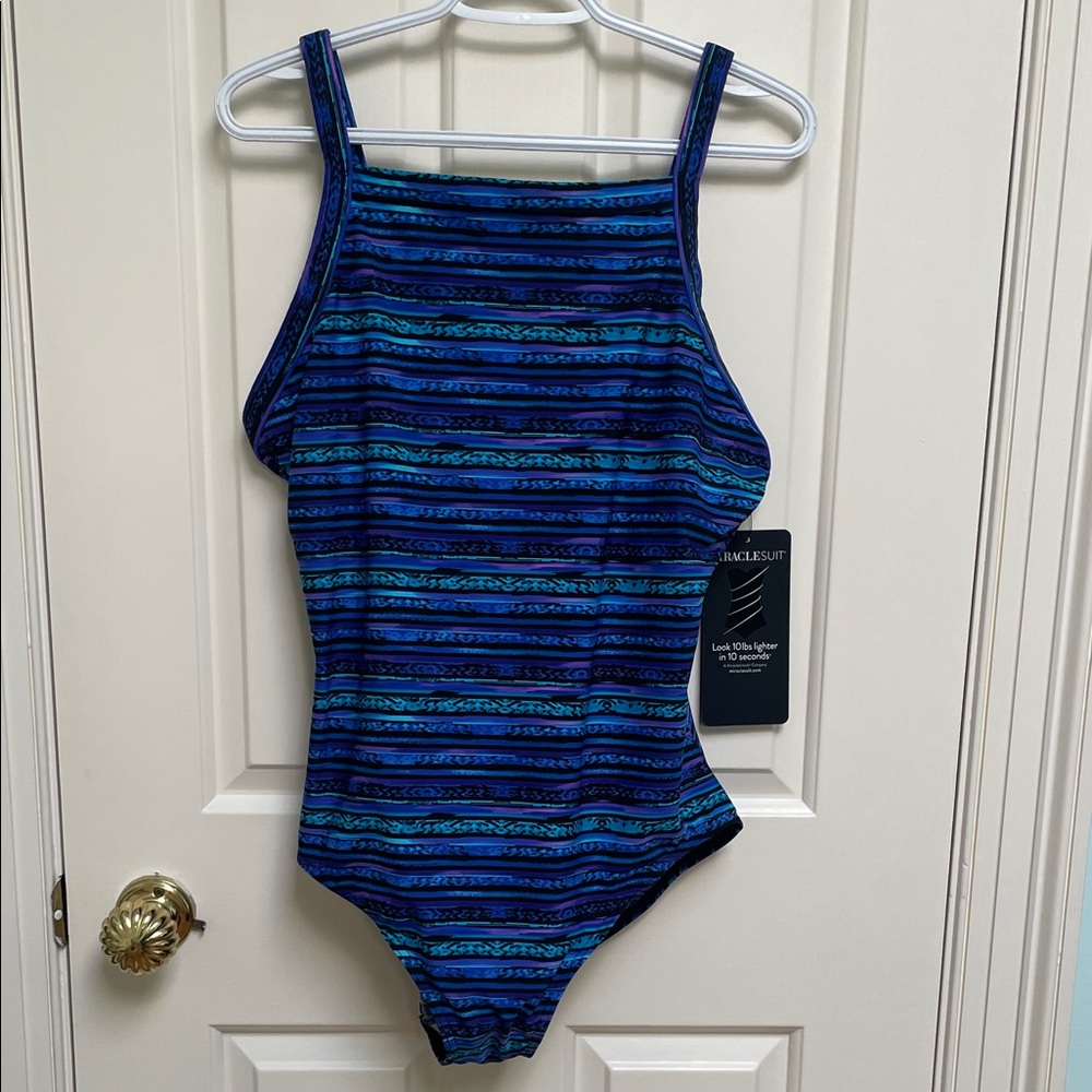 NWT Miraclesuit sz 16 Torpedo 1 pc swimsuit blues purples high neck